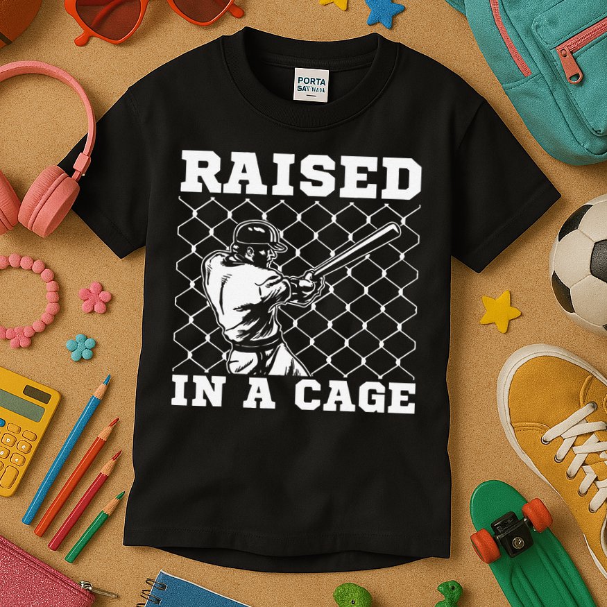 Raised In A Cage Baseball Training Batter Catcher Pitch Kids T-Shirt