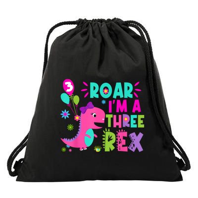 Roar IM A Three Rex Birthday Girl Dinosaur Lover 3 Year Old Drawstring Bag