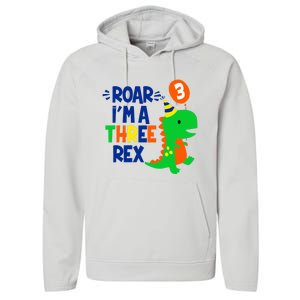 Roar I'm A Three Rex Dinosaur 3rd Birthday Boy 3 Years Bday Performance Fleece Hoodie