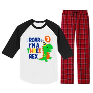 Roar I'm A Three Rex Dinosaur 3rd Birthday Boy 3 Years Bday Raglan Sleeve Pajama Set