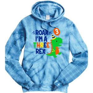 Roar I'm A Three Rex Dinosaur 3rd Birthday Boy 3 Years Bday Tie Dye Hoodie