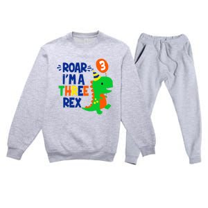 Roar I'm A Three Rex Dinosaur 3rd Birthday Boy 3 Years Bday Premium Crewneck Sweatsuit Set