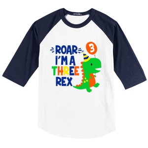 Roar I'm A Three Rex Dinosaur 3rd Birthday Boy 3 Years Bday Baseball Sleeve Shirt