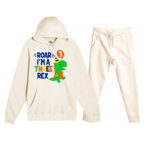 Roar I'm A Three Rex Dinosaur 3rd Birthday Boy 3 Years Bday Premium Hooded Sweatsuit Set