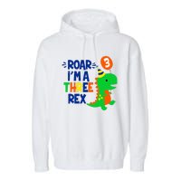 Roar I'm A Three Rex Dinosaur 3rd Birthday Boy 3 Years Bday Garment-Dyed Fleece Hoodie