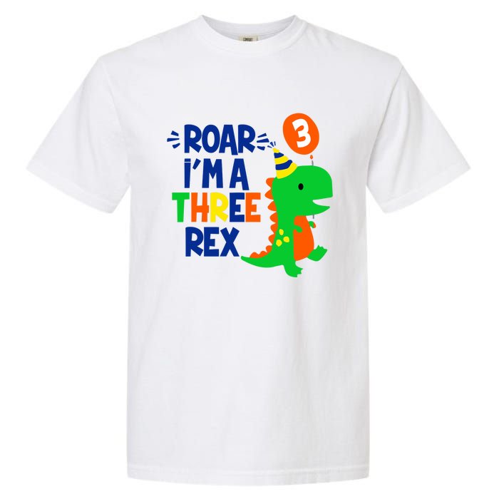 Roar I'm A Three Rex Dinosaur 3rd Birthday Boy 3 Years Bday Garment-Dyed Heavyweight T-Shirt