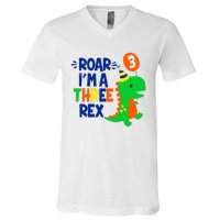 Roar I'm A Three Rex Dinosaur 3rd Birthday Boy 3 Years Bday V-Neck T-Shirt