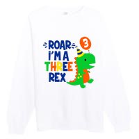 Roar I'm A Three Rex Dinosaur 3rd Birthday Boy 3 Years Bday Premium Crewneck Sweatshirt