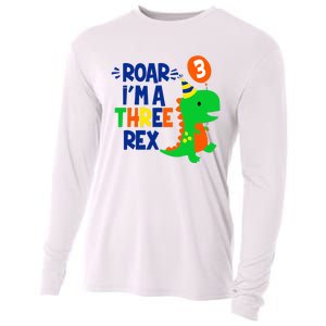 Roar I'm A Three Rex Dinosaur 3rd Birthday Boy 3 Years Bday Cooling Performance Long Sleeve Crew