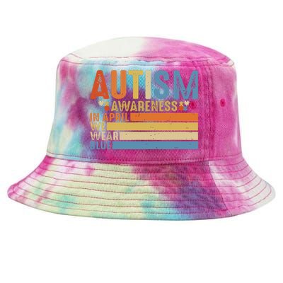 Retro In April We Wear Blue Puzzle Autism Awareness Month Tie-Dyed Bucket Hat