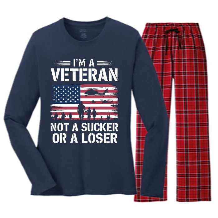 Retro IM A Veteran Not A Sucker Or A Loser Veterans Day Women's Long Sleeve Flannel Pajama Set 