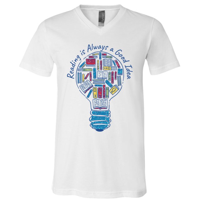 Reading Is Always A Good Idea Lightbulb V-Neck T-Shirt