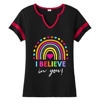 Rainbow I Believe In You Teacher Testing Day Gifts Ladies Halftime Notch Neck Tee