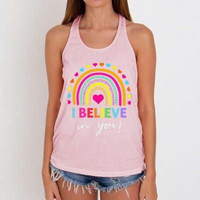 Rainbow I Believe In You Teacher Testing Day Gifts Women's Knotted Racerback Tank