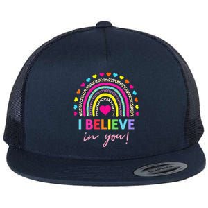 Rainbow I Believe In You Teacher Testing Day Gifts Flat Bill Trucker Hat