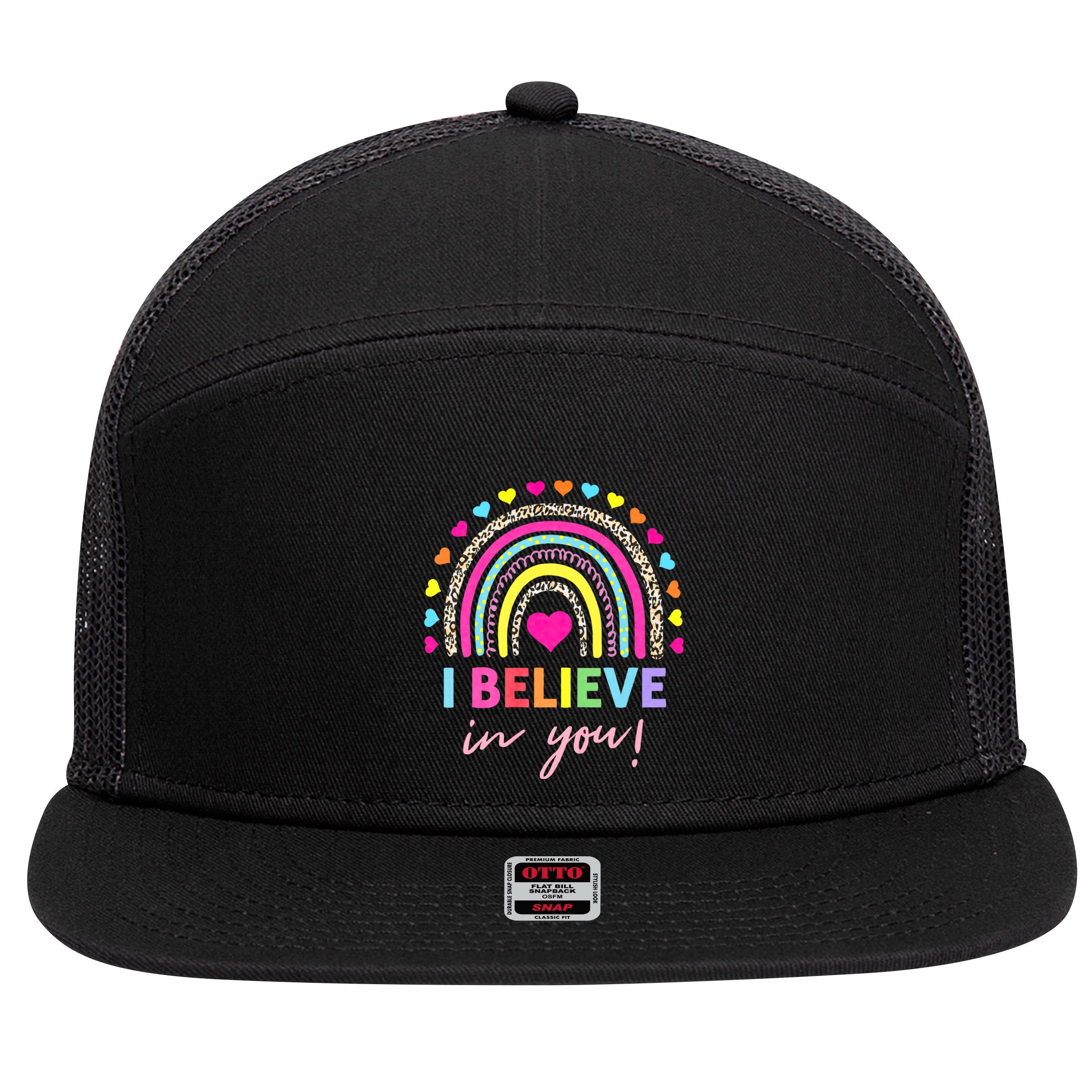 Rainbow I Believe In You Teacher Testing Day Gifts 7 Panel Mesh Trucker Snapback Hat