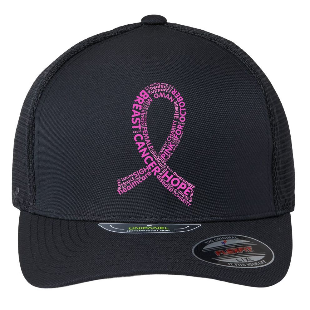 Ribbon Breast Cancer Word Print Flexfit Unipanel Trucker Cap