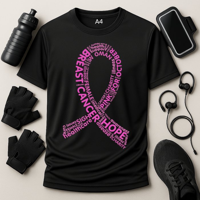 Ribbon Breast Cancer Word Print Cooling Performance Crew T-Shirt