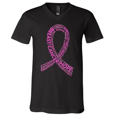 Ribbon Breast Cancer Word Print V-Neck T-Shirt