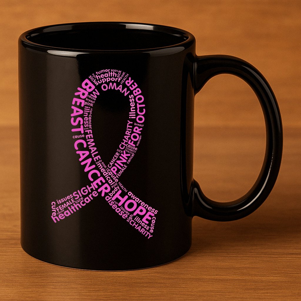 Ribbon Breast Cancer Word Print 11oz C Handle Ceramic Mug