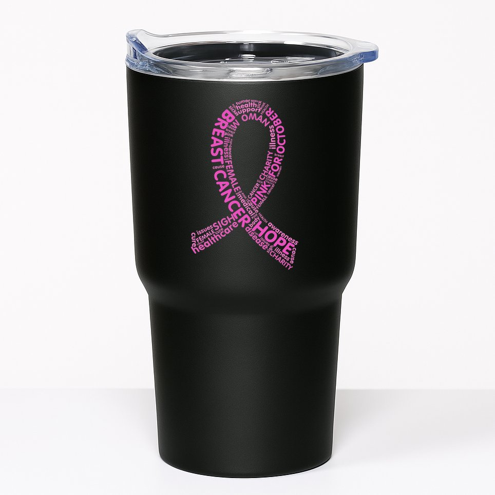 Ribbon Breast Cancer Word Print Tumbler