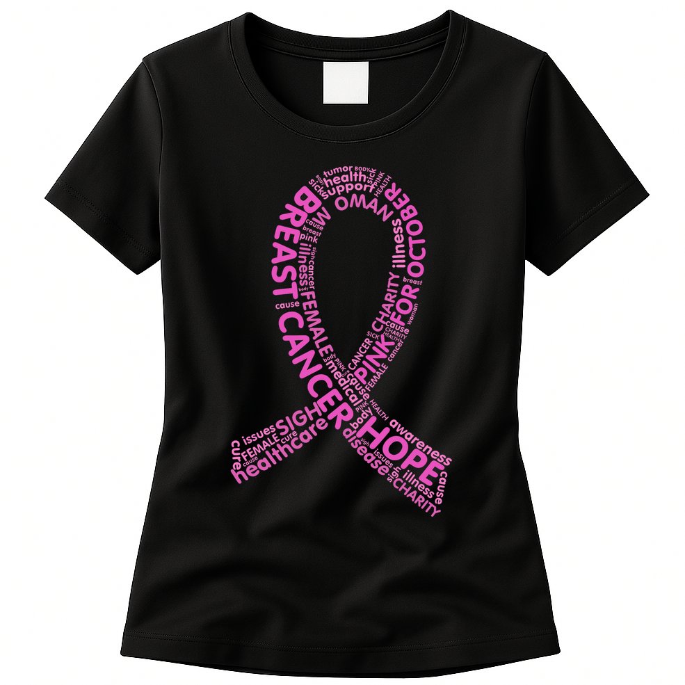 Ribbon Breast Cancer Word Print Womens T-Shirt
