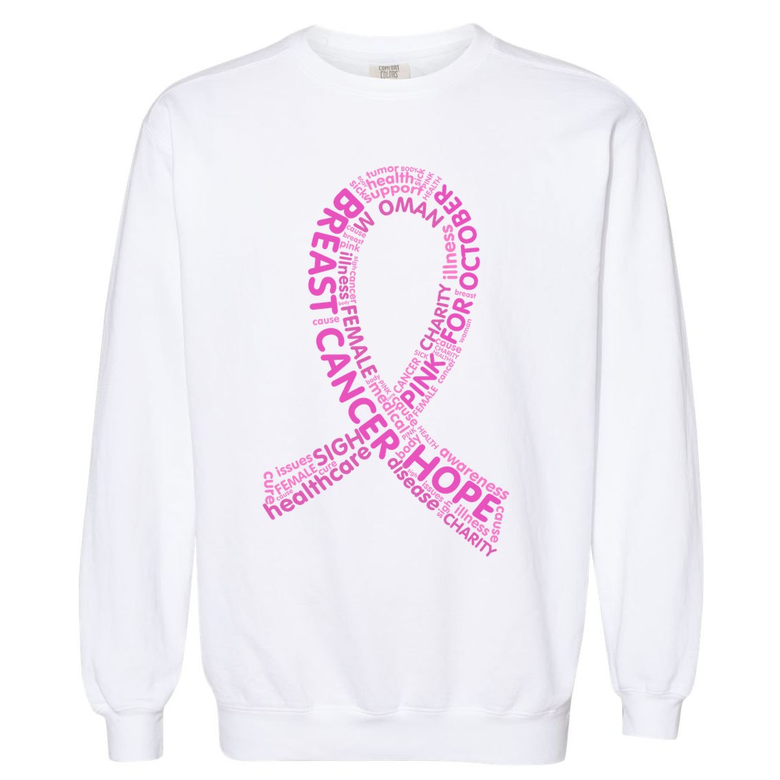 Ribbon Breast Cancer Word Print Garment-Dyed Sweatshirt