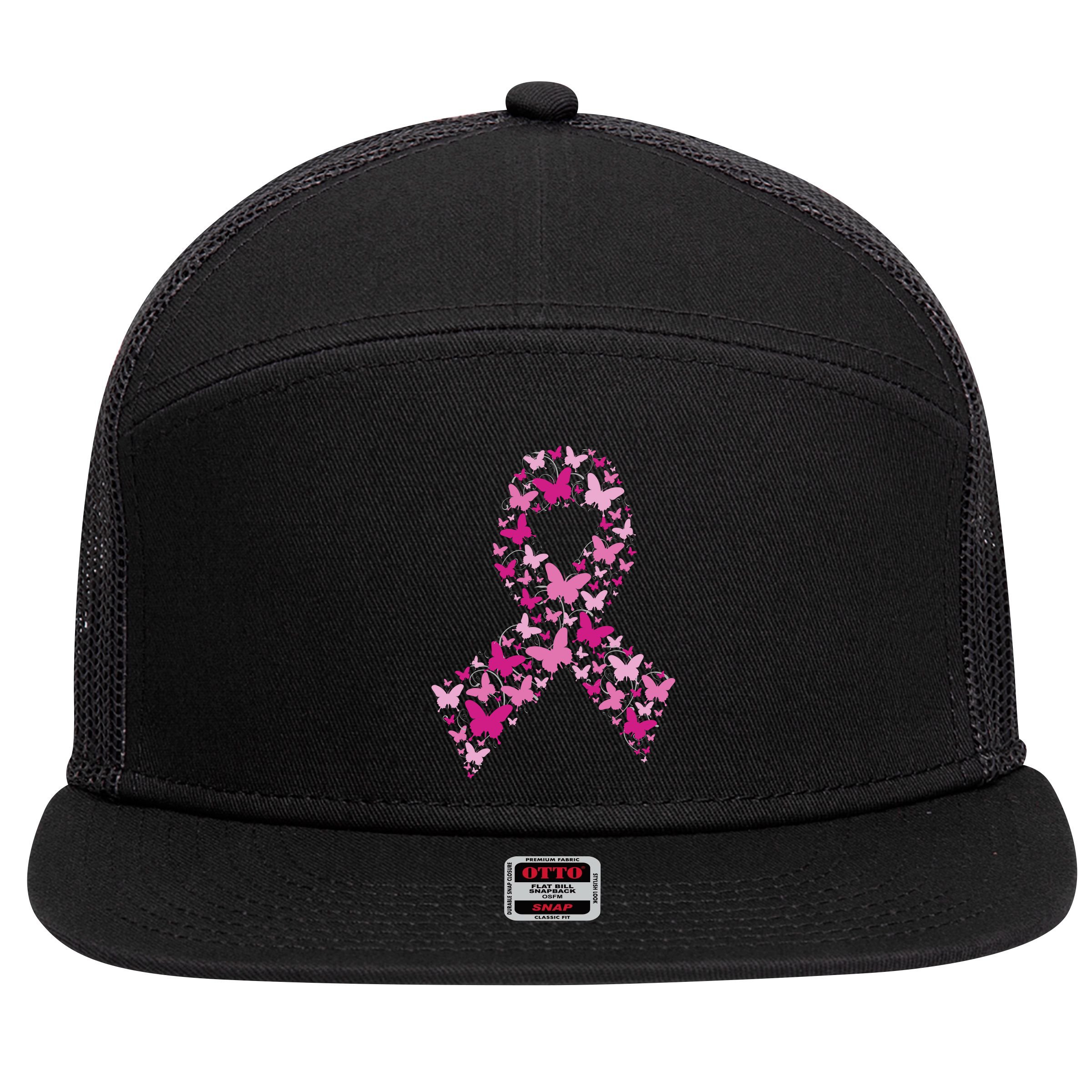Ribbon Flight Of Awareness Butterfly Breast Cancer 7 Panel Mesh Trucker Snapback Hat