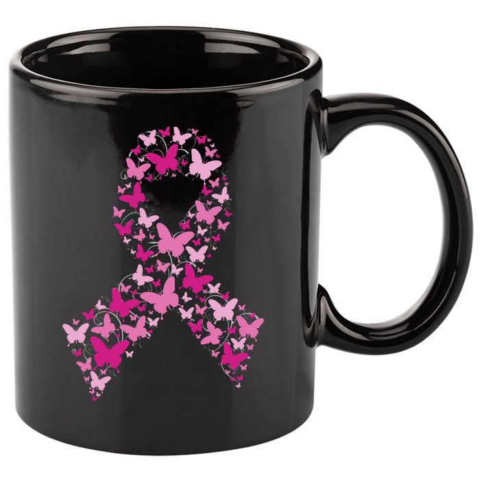 Ribbon Flight Of Awareness Butterfly Breast Cancer 11oz C Handle Ceramic Mug