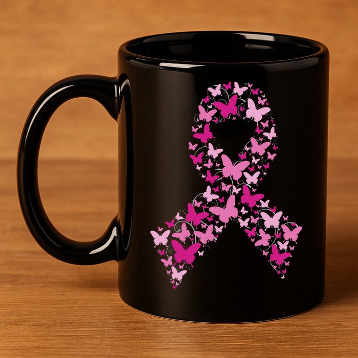 Ribbon Flight Of Awareness Butterfly Breast Cancer 11oz C Handle Ceramic Mug