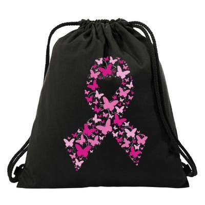 Ribbon Flight Of Awareness Butterfly Breast Cancer Drawstring Bag