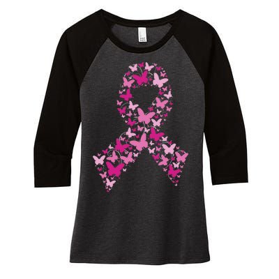 Ribbon Flight Of Awareness Butterfly Breast Cancer Women's Tri-Blend 3/4-Sleeve Raglan Shirt