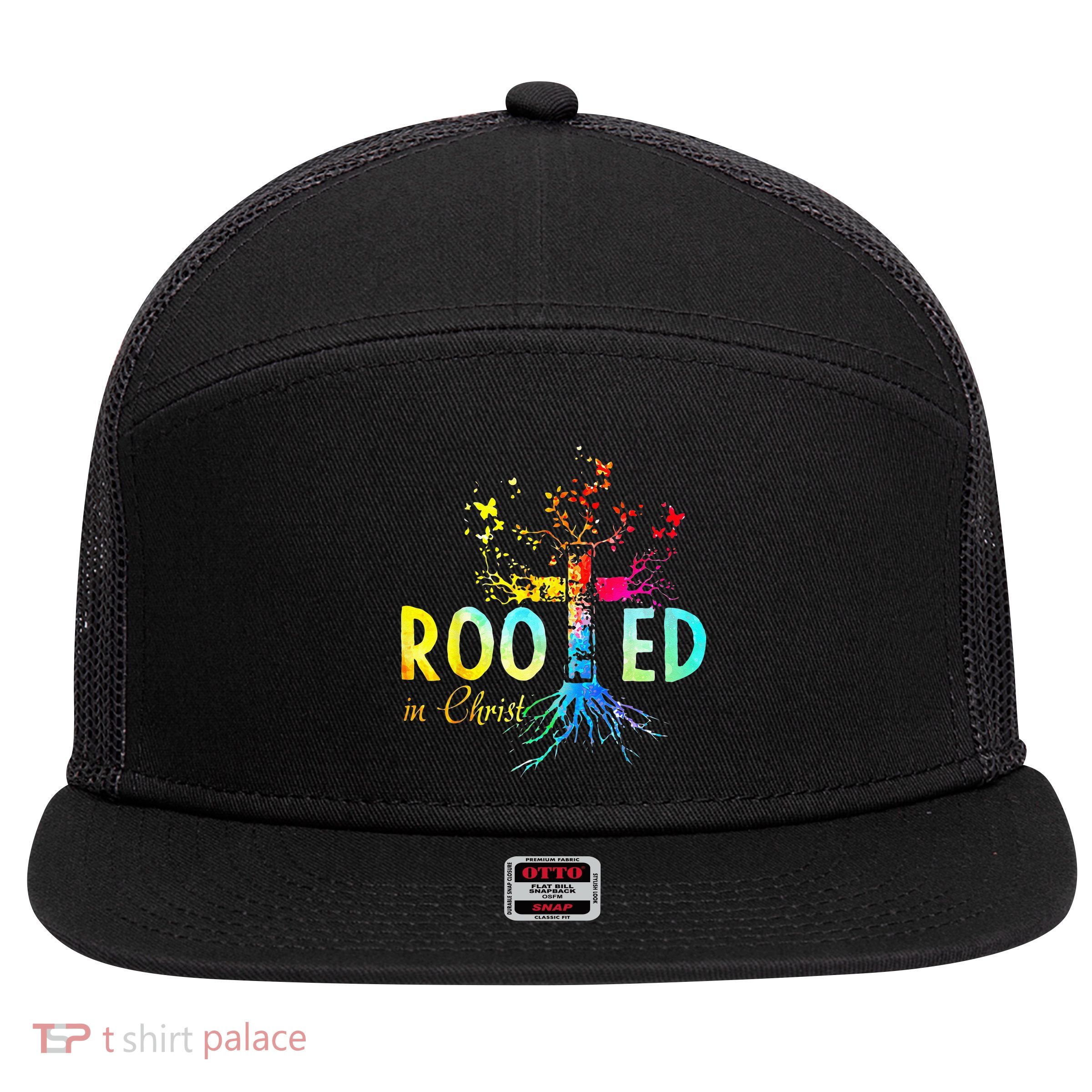 Rooted In Christ Faith Christian Jesus Lovers Men Women 7 Panel Mesh Trucker Snapback Hat
