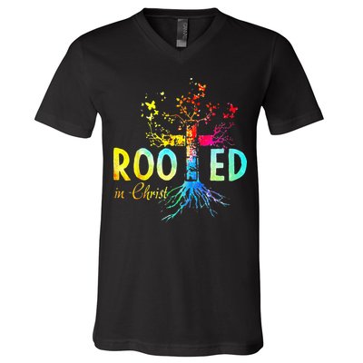 Rooted In Christ Faith Christian Jesus Lovers Men Women V-Neck T-Shirt