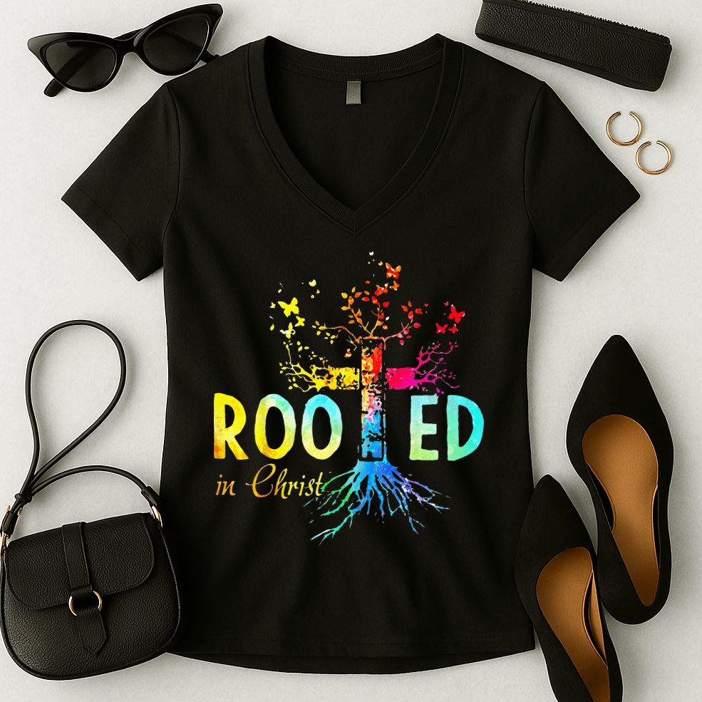 Rooted In Christ Faith Christian Jesus Lovers Men Women Women's V-Neck T-Shirt
