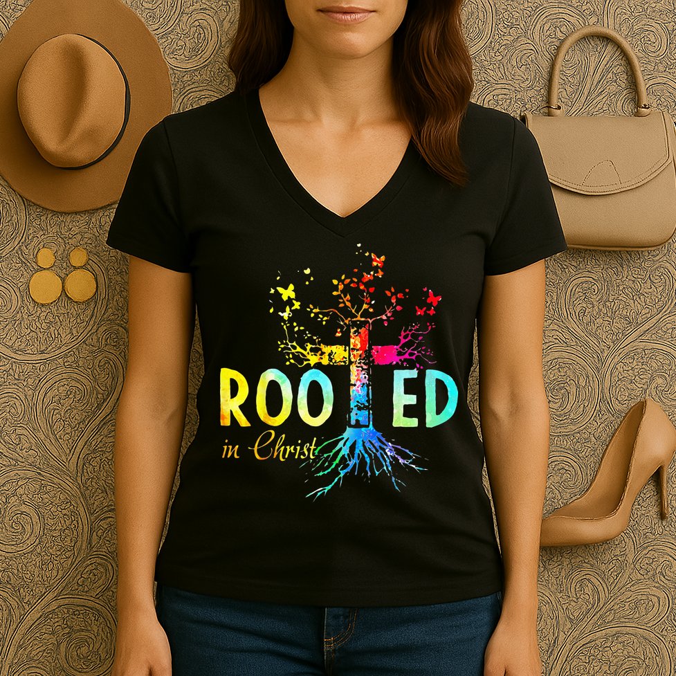 Rooted In Christ Faith Christian Jesus Lovers Men Women Women's V-Neck T-Shirt