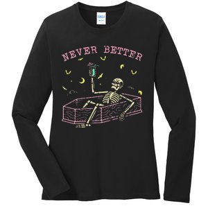  Relaxing In Coffin Night Never Better Skeletons Ladies Long Sleeve Shirt