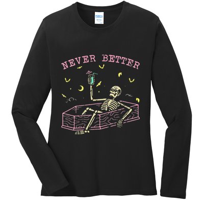  Relaxing In Coffin Night Never Better Skeletons Ladies Long Sleeve Shirt