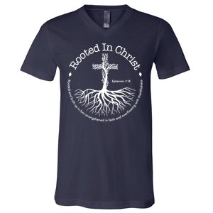 Rooted In Christ Jesus Cross Pray Bible Verse Christian V-Neck T-Shirt