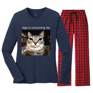 Rage Is Consuming Me Silly Staring Cat Meme Women's Long Sleeve Flannel Pajama Set 