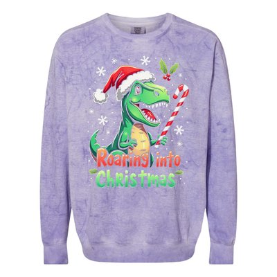 Roaring Into Christmas Funny Dinosaur Xmas Trex Colorblast Crewneck Sweatshirt