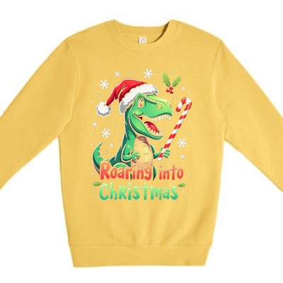 Roaring Into Christmas Funny Dinosaur Xmas Trex Premium Crewneck Sweatshirt