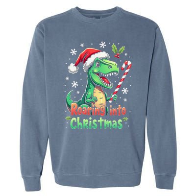 Roaring Into Christmas Funny Dinosaur Xmas Trex Garment-Dyed Sweatshirt