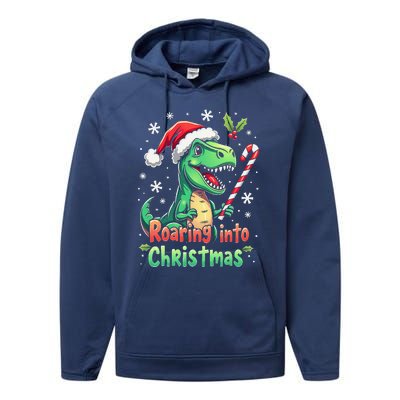 Roaring Into Christmas Funny Dinosaur Xmas Trex Performance Fleece Hoodie