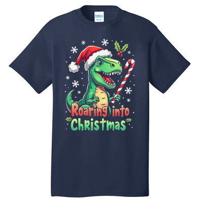 Roaring Into Christmas Funny Dinosaur Xmas Trex Tall T-Shirt