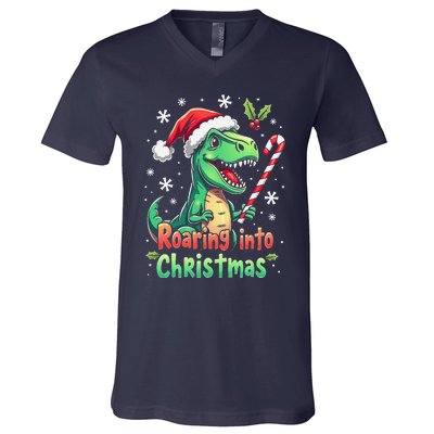 Roaring Into Christmas Funny Dinosaur Xmas Trex V-Neck T-Shirt