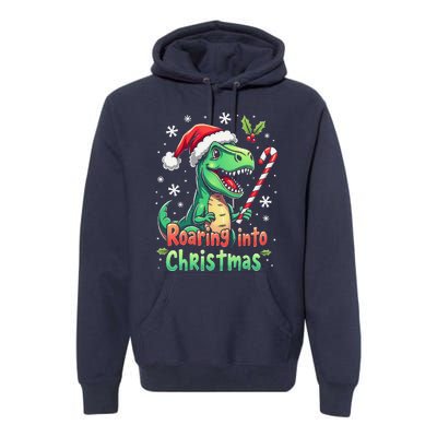 Roaring Into Christmas Funny Dinosaur Xmas Trex Premium Hoodie