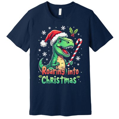 Roaring Into Christmas Funny Dinosaur Xmas Trex Premium T-Shirt