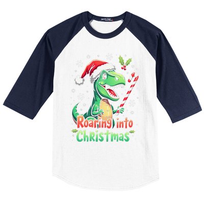 Roaring Into Christmas Funny Dinosaur Xmas Trex Baseball Sleeve Shirt