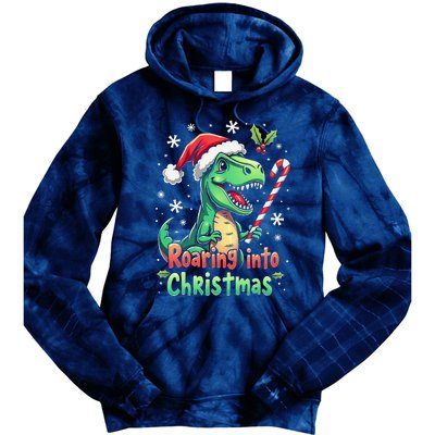 Roaring Into Christmas Funny Dinosaur Xmas Trex Tie Dye Hoodie